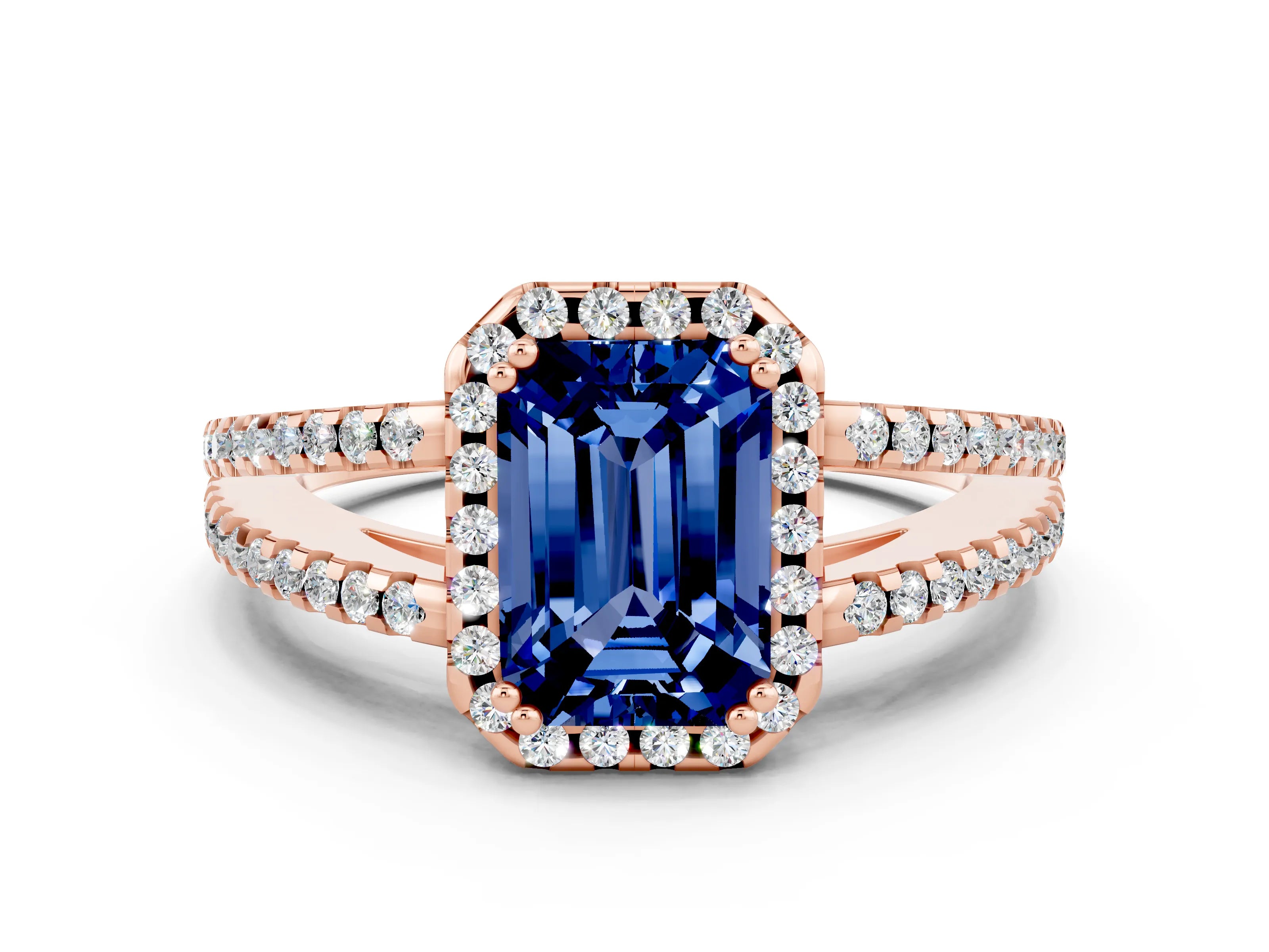 Rose gold Emerald Cut Blue Sapphire Halo Split Shank Engagement Ring_12