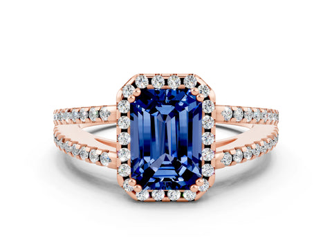 Rose gold Emerald Cut Blue Sapphire Halo Split Shank Engagement Ring_12