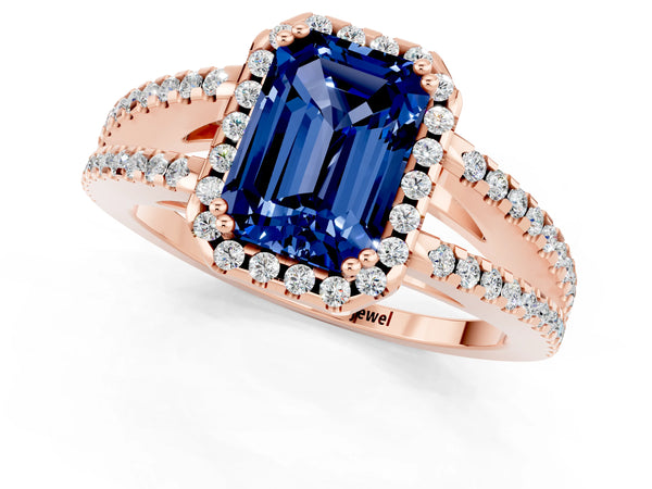 Rose gold Emerald Cut Blue Sapphire Halo Split Shank Engagement Ring