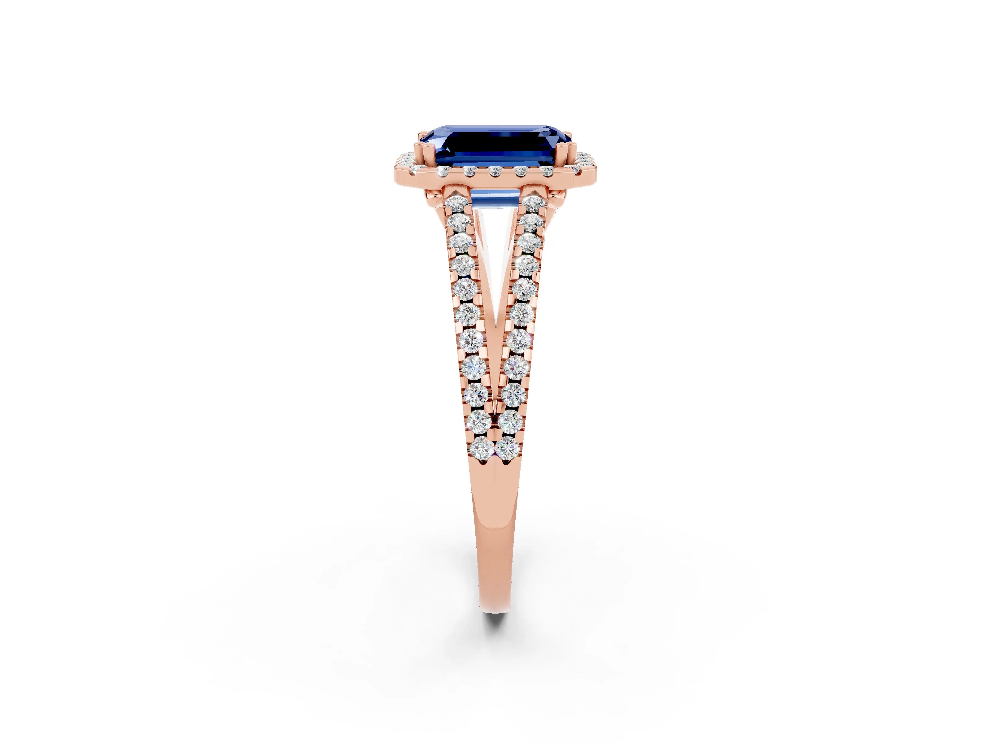 Rose gold Emerald Cut Blue Sapphire Halo Split Shank Engagement Ring_14