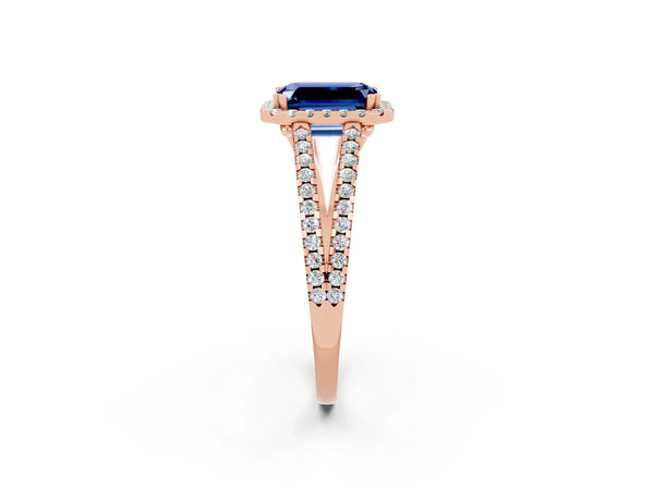 Rose gold Emerald Cut Blue Sapphire Halo Split Shank Engagement Ring