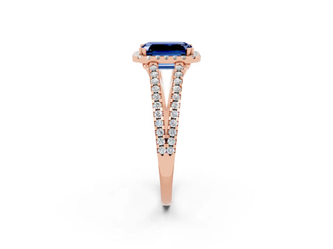 Rose gold Emerald Cut Blue Sapphire Halo Split Shank Engagement Ring_14
