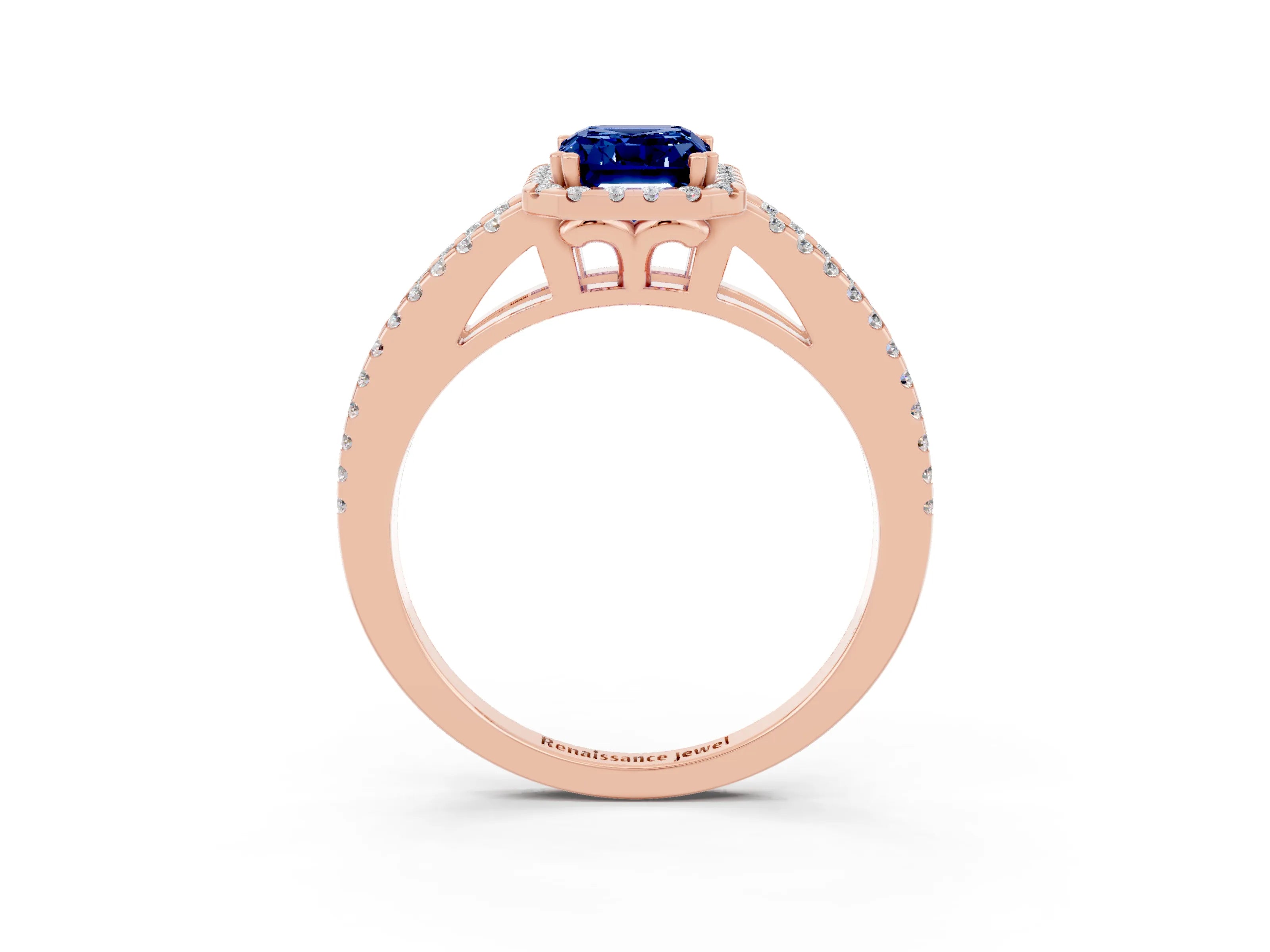 Rose gold Emerald Cut Blue Sapphire Halo Split Shank Engagement Ring_15