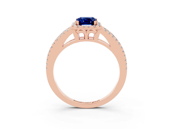 Rose gold Emerald Cut Blue Sapphire Halo Split Shank Engagement Ring