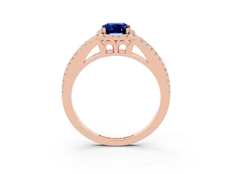 Rose gold Emerald Cut Blue Sapphire Halo Split Shank Engagement Ring_15