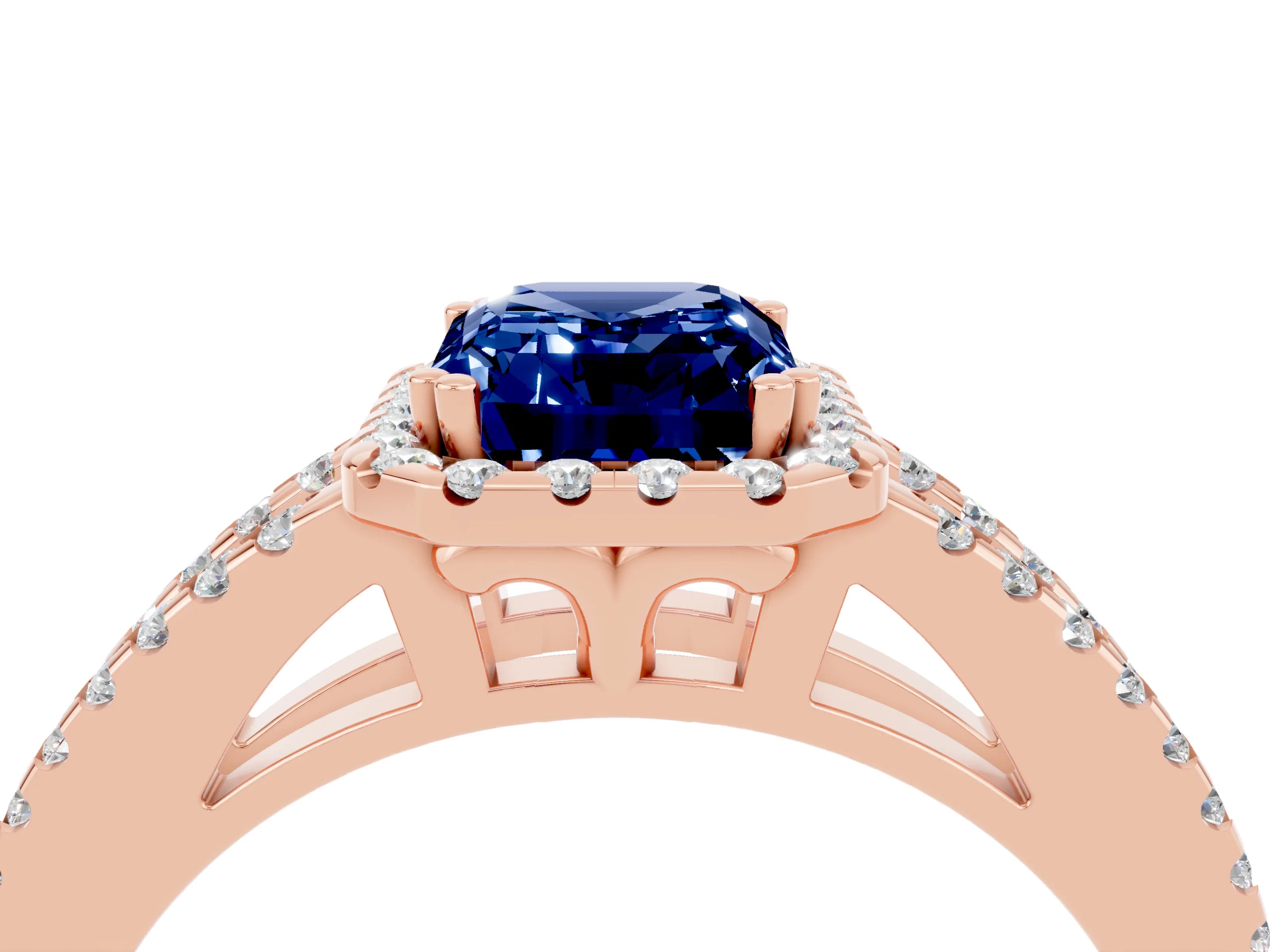 Rose gold Emerald Cut Blue Sapphire Halo Split Shank Engagement Ring_16