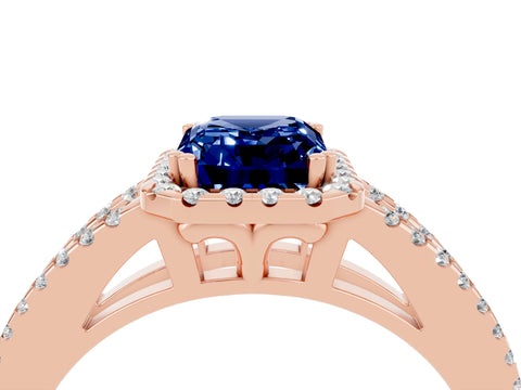 Rose gold Emerald Cut Blue Sapphire Halo Split Shank Engagement Ring_16