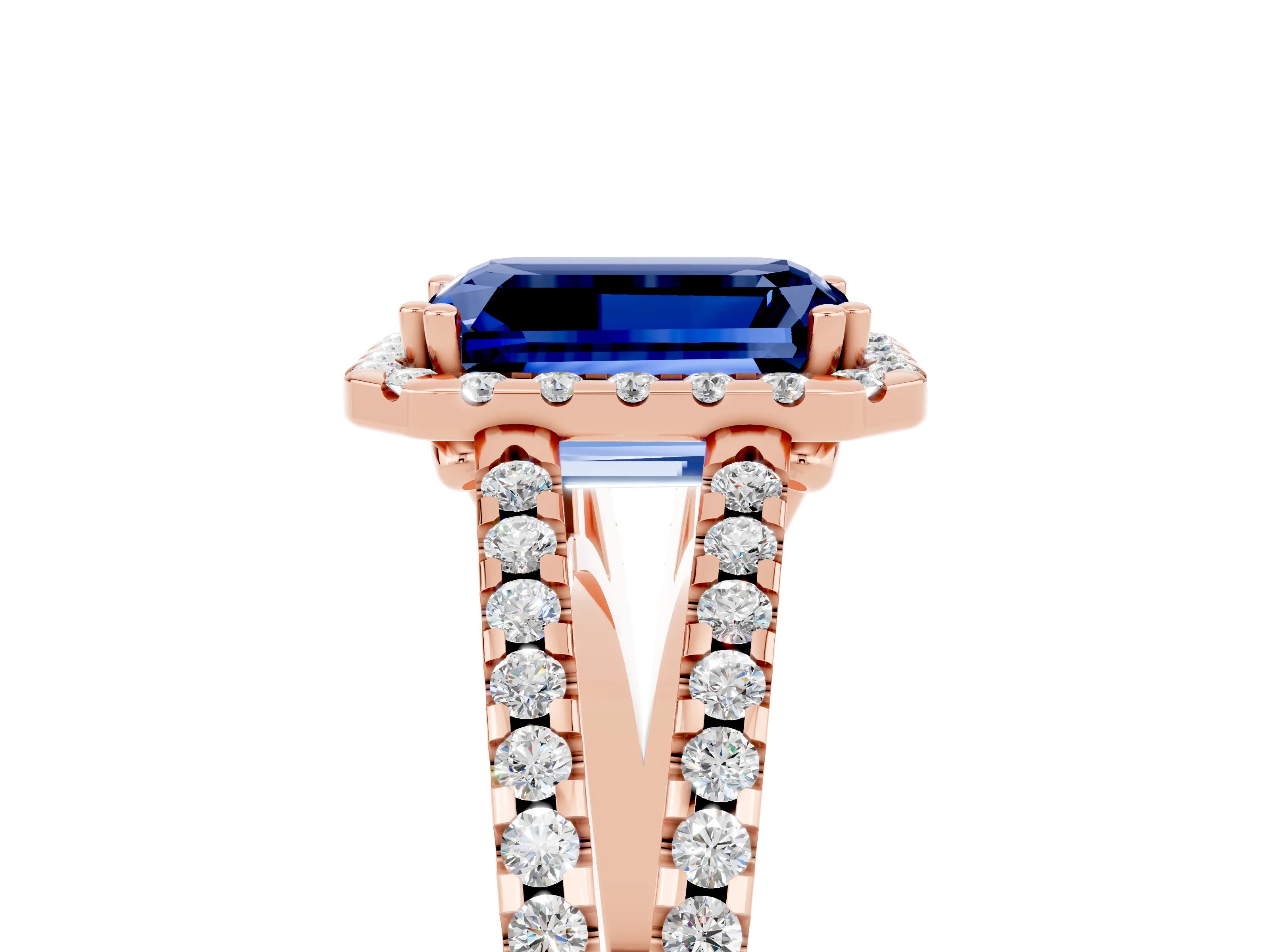 Rose gold Emerald Cut Blue Sapphire Halo Split Shank Engagement Ring_17