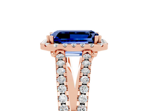 Rose gold Emerald Cut Blue Sapphire Halo Split Shank Engagement Ring_17