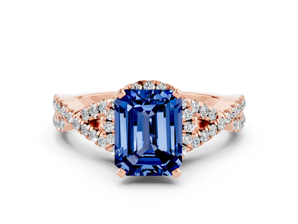 Rose gold Emerald Cut Blue Sapphire  Halo Twist Band Solitaire Prong Setting Ring