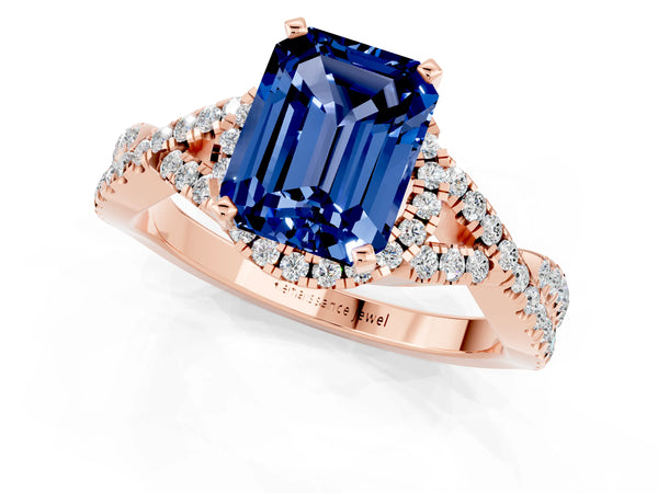 Rose gold Emerald Cut Blue Sapphire  Halo Twist Band Solitaire Prong Setting Ring