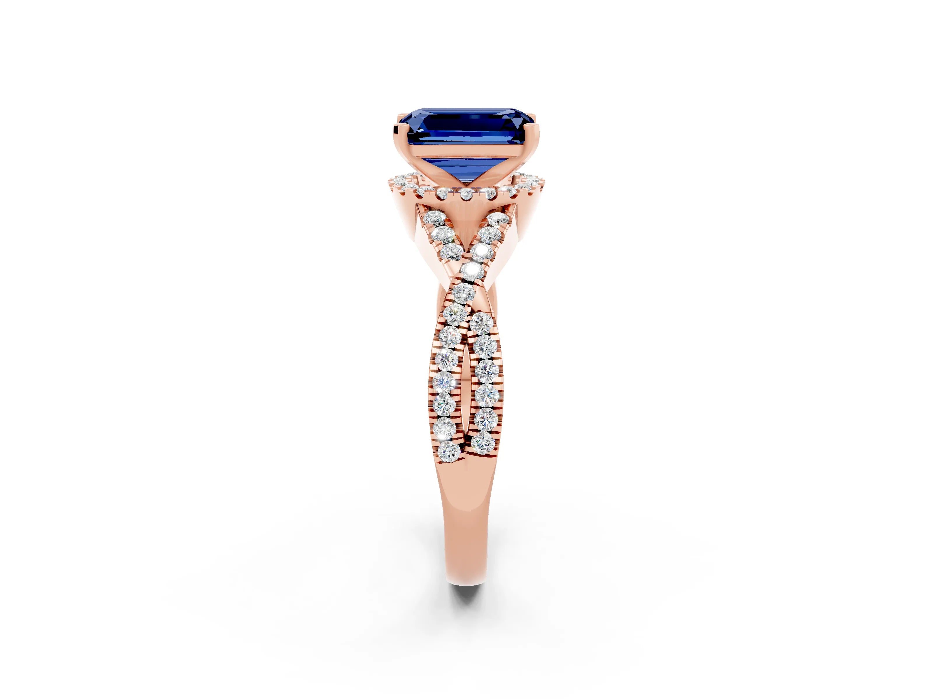 Rose gold Emerald Cut Blue Sapphire Halo Twist Band Solitaire Prong Setting Ring_2