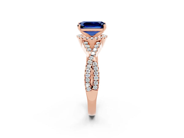 Rose gold Emerald Cut Blue Sapphire  Halo Twist Band Solitaire Prong Setting Ring