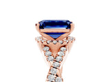 Rose gold Emerald Cut Blue Sapphire  Halo Twist Band Solitaire Prong Setting Ring_29