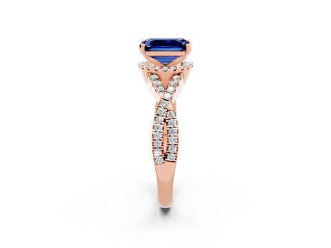 Rose gold Emerald Cut Blue Sapphire Halo Twist Band Solitaire Prong Setting Ring_2
