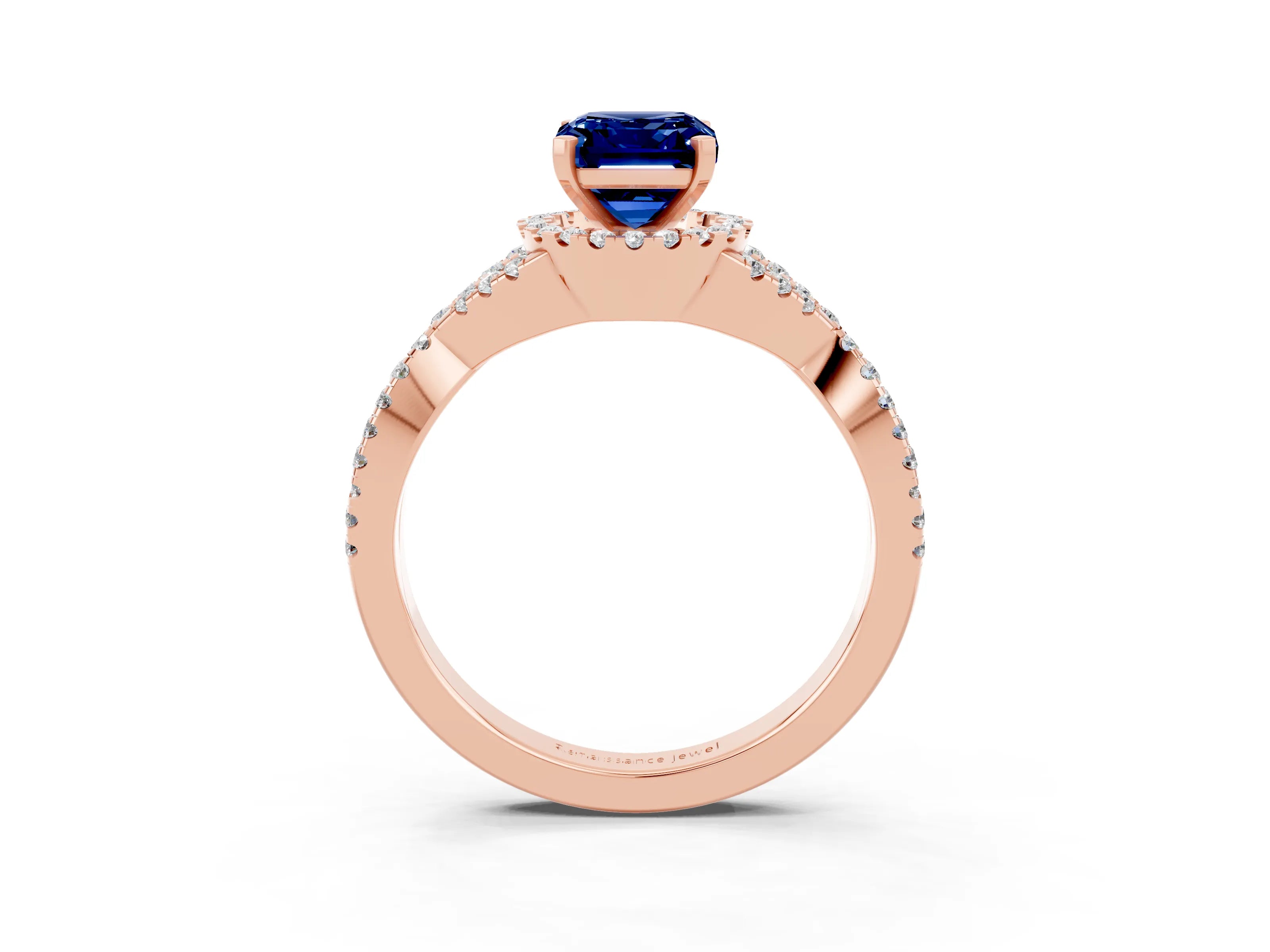 Rose gold Emerald Cut Blue Sapphire Halo Twist Band Solitaire Prong Setting Ring_3
