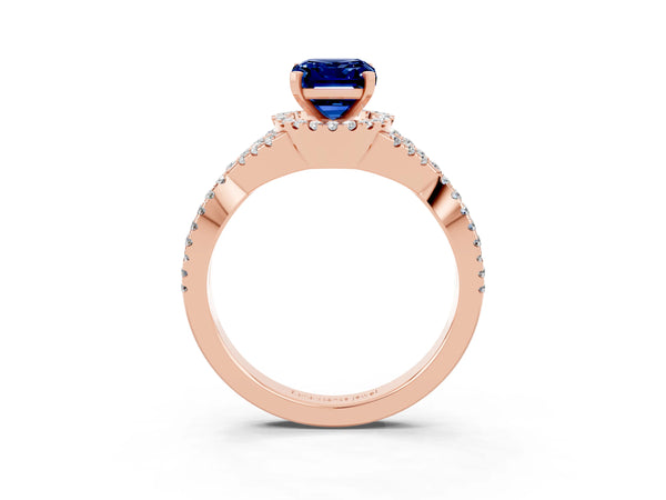 Rose gold Emerald Cut Blue Sapphire  Halo Twist Band Solitaire Prong Setting Ring