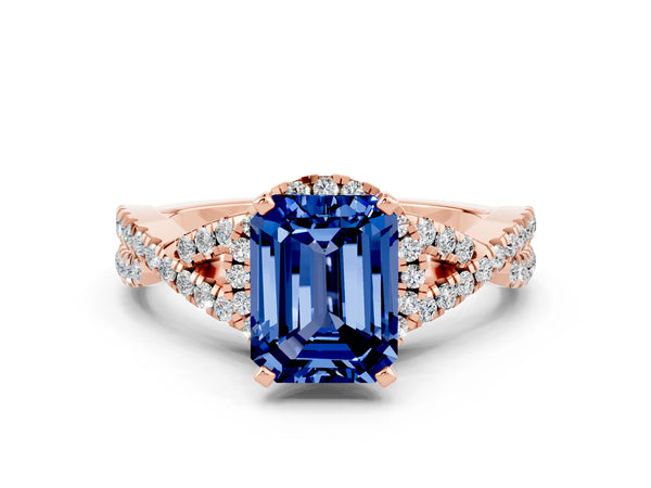 Rose gold Emerald Cut Blue Sapphire  Halo Twist Band Solitaire Prong Setting Ring