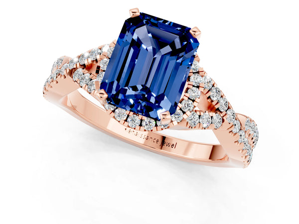 Rose gold Emerald Cut Blue Sapphire  Halo Twist Band Solitaire Prong Setting Ring