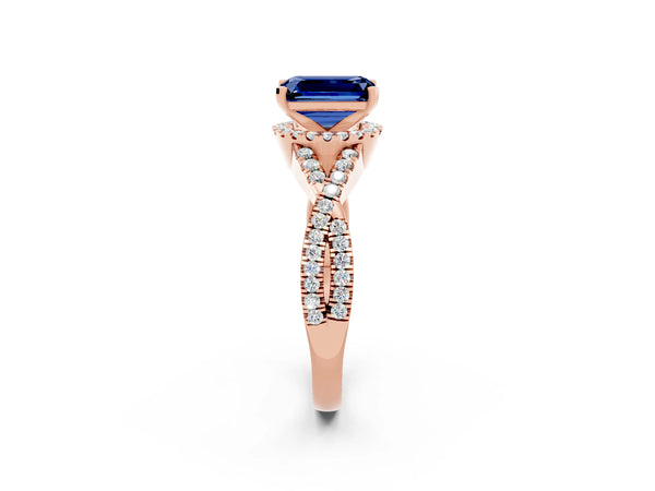Rose gold Emerald Cut Blue Sapphire  Halo Twist Band Solitaire Prong Setting Ring