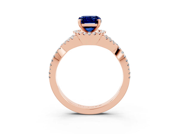 Rose gold Emerald Cut Blue Sapphire  Halo Twist Band Solitaire Prong Setting Ring