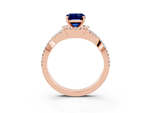 Rose gold Emerald Cut Blue Sapphire Halo Twist Band Solitaire Prong Setting Ring_3