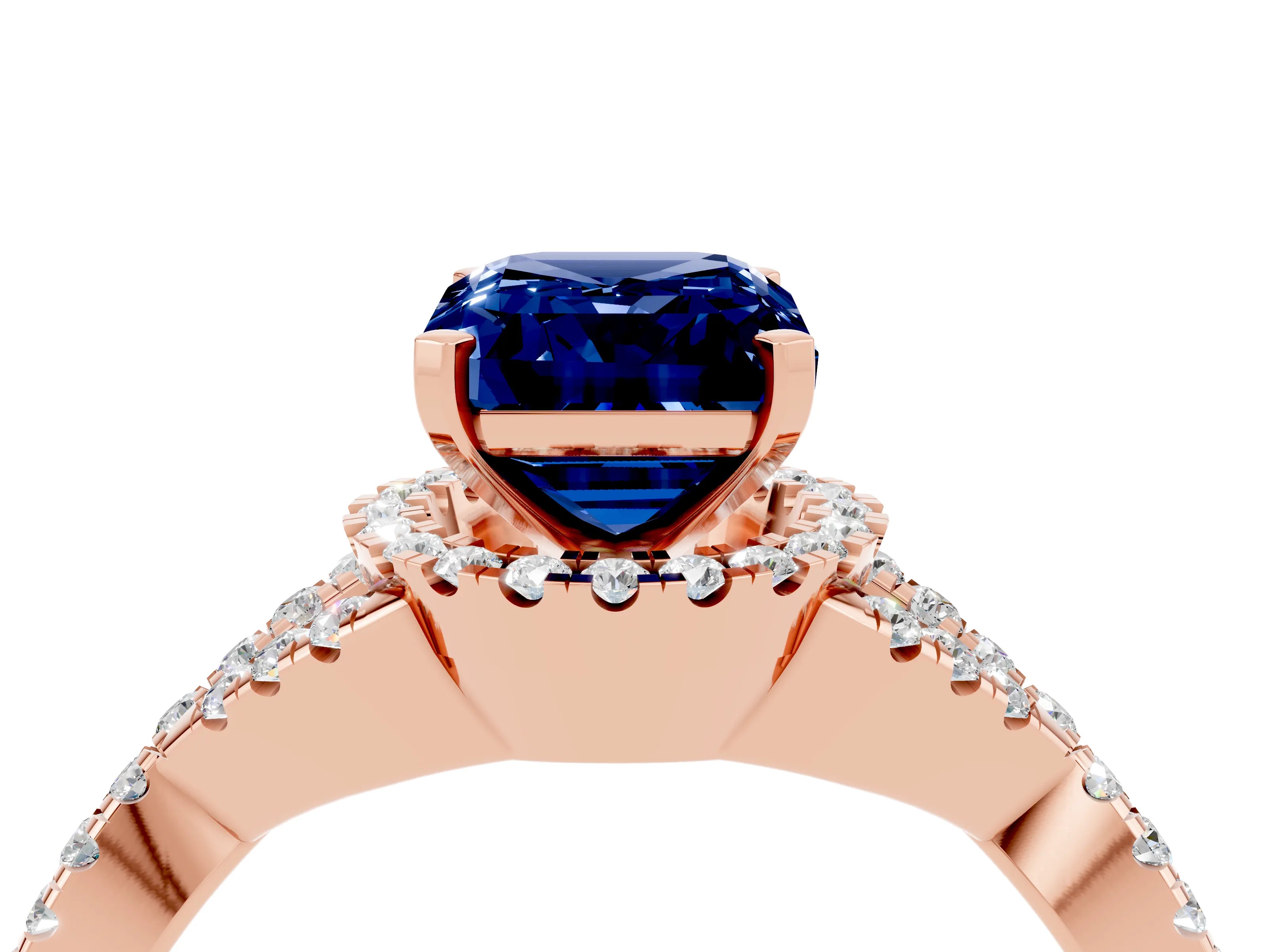 Rose gold Emerald Cut Blue Sapphire Halo Twist Band Solitaire Prong Setting Ring_4