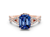 Rose gold Emerald Cut Blue Sapphire  Halo Twist Band Solitaire Prong Setting Ring_42