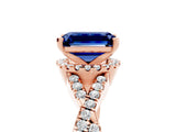 Rose gold Emerald Cut Blue Sapphire  Halo Twist Band Solitaire Prong Setting Ring_47