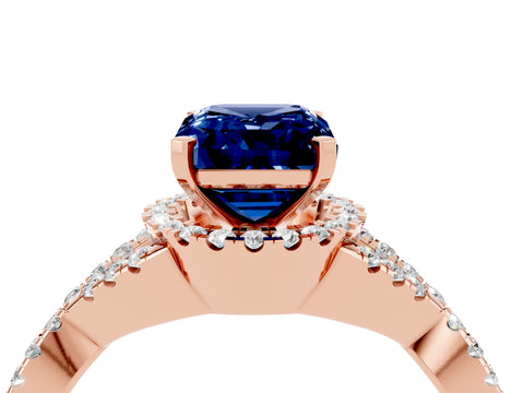 Rose gold Emerald Cut Blue Sapphire Halo Twist Band Solitaire Prong Setting Ring_4