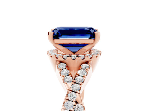 Rose gold Emerald Cut Blue Sapphire Halo Twist Band Solitaire Prong Setting Ring_5