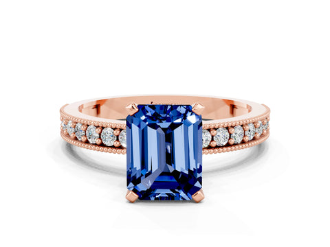 Rose gold Emerald Cut Blue Sapphire Milgrain Pavé Engagement Ring with Four-Prong Setting_12