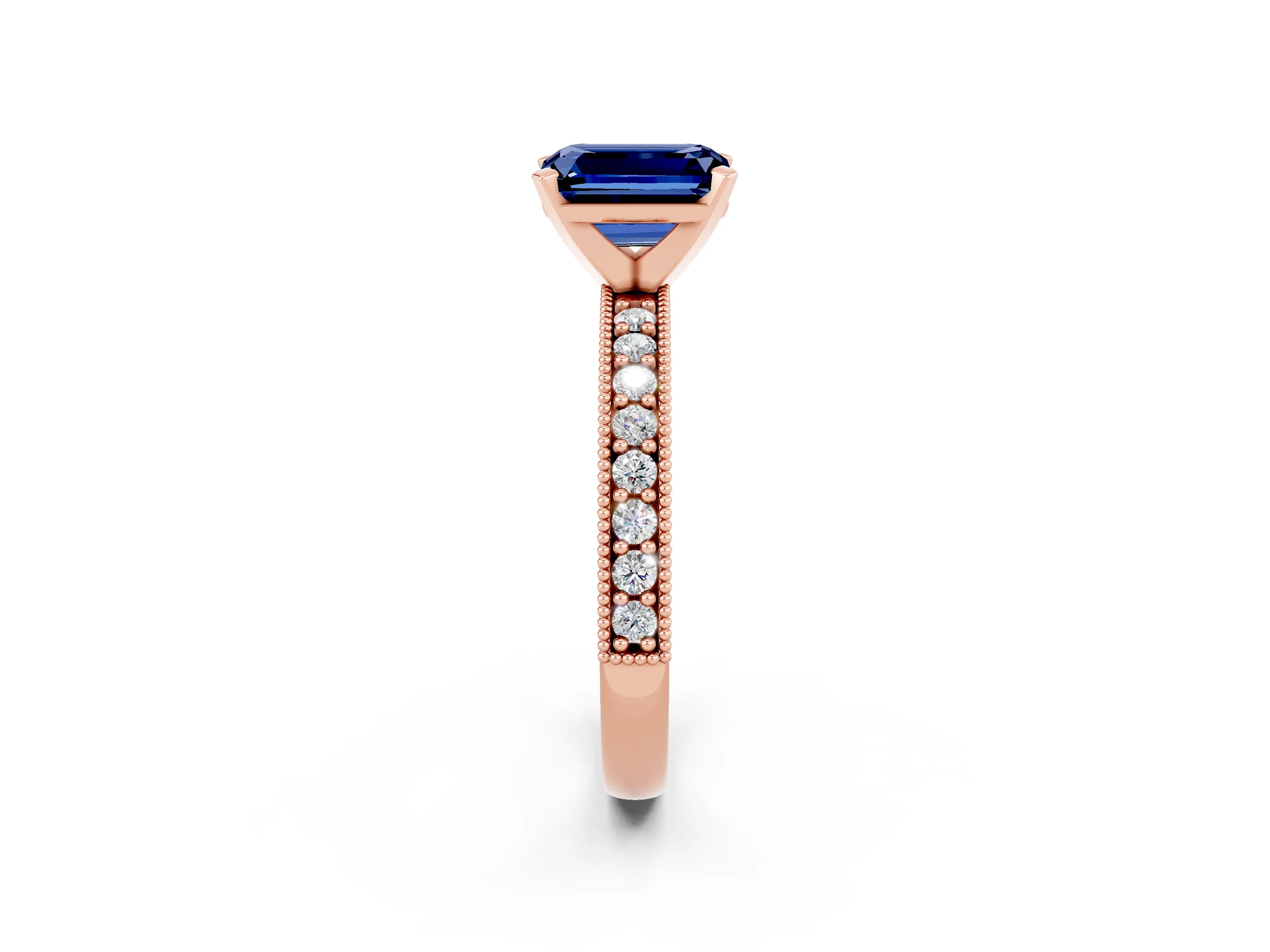 Rose gold Emerald Cut Blue Sapphire Milgrain Pavé Engagement Ring with Four-Prong Setting_14