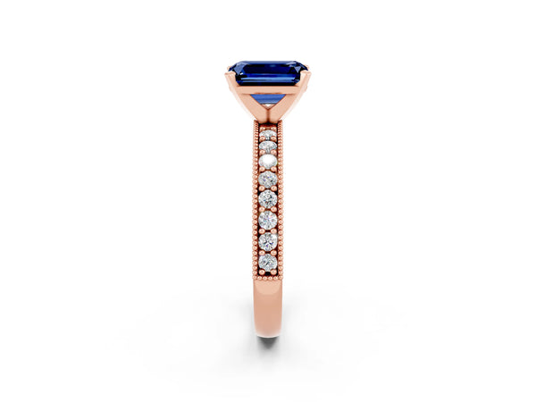 Rose gold Emerald Cut Blue Sapphire Milgrain Pavé Engagement Ring with Four-Prong Setting