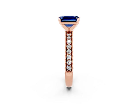 Rose gold Emerald Cut Blue Sapphire Milgrain Pavé Engagement Ring with Four-Prong Setting_14