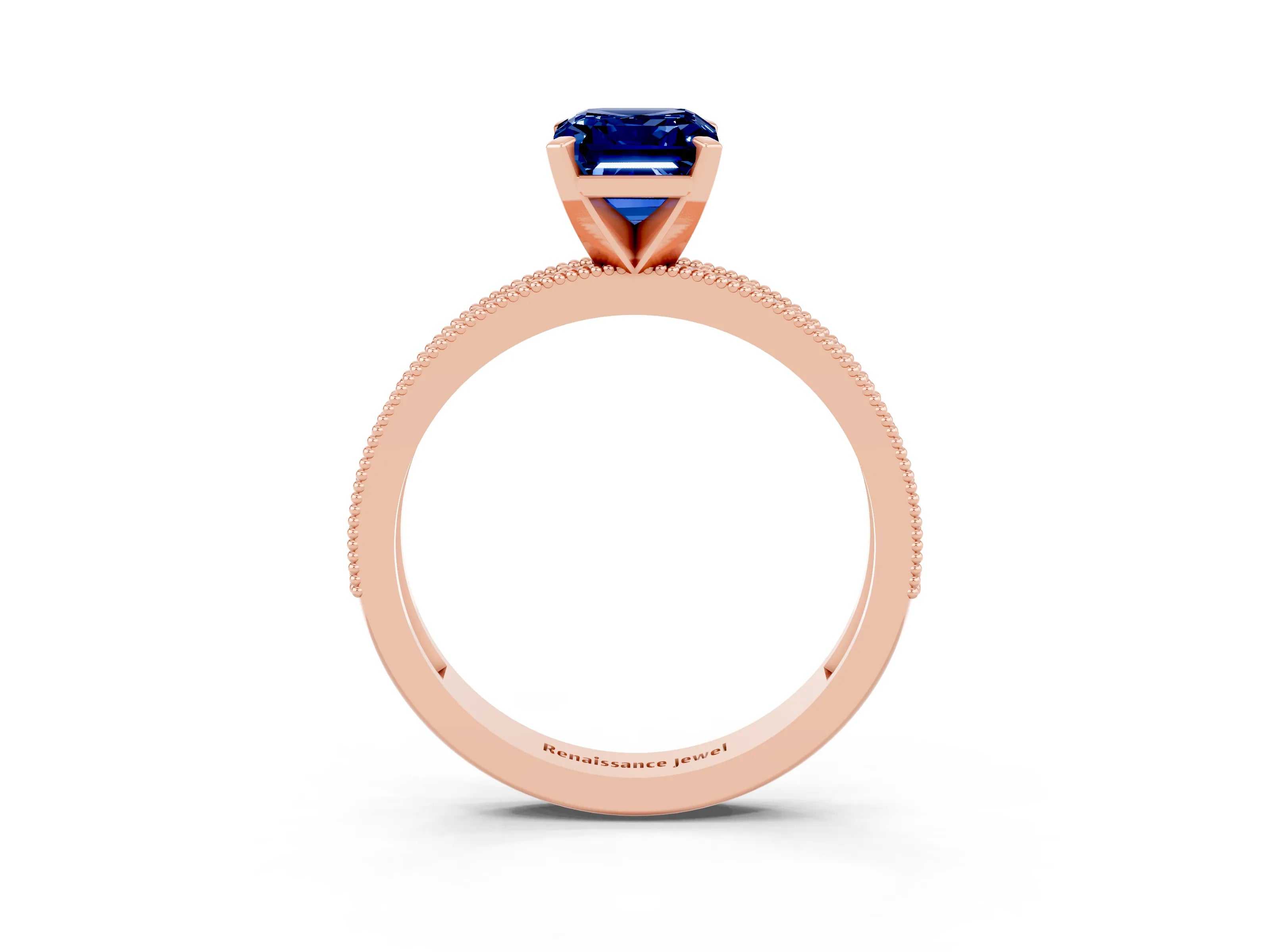 Rose gold Emerald Cut Blue Sapphire Milgrain Pavé Engagement Ring with Four-Prong Setting_15
