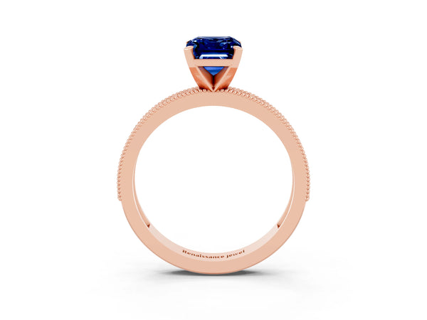 Rose gold Emerald Cut Blue Sapphire Milgrain Pavé Engagement Ring with Four-Prong Setting