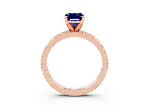 Rose gold Emerald Cut Blue Sapphire Milgrain Pavé Engagement Ring with Four-Prong Setting_15