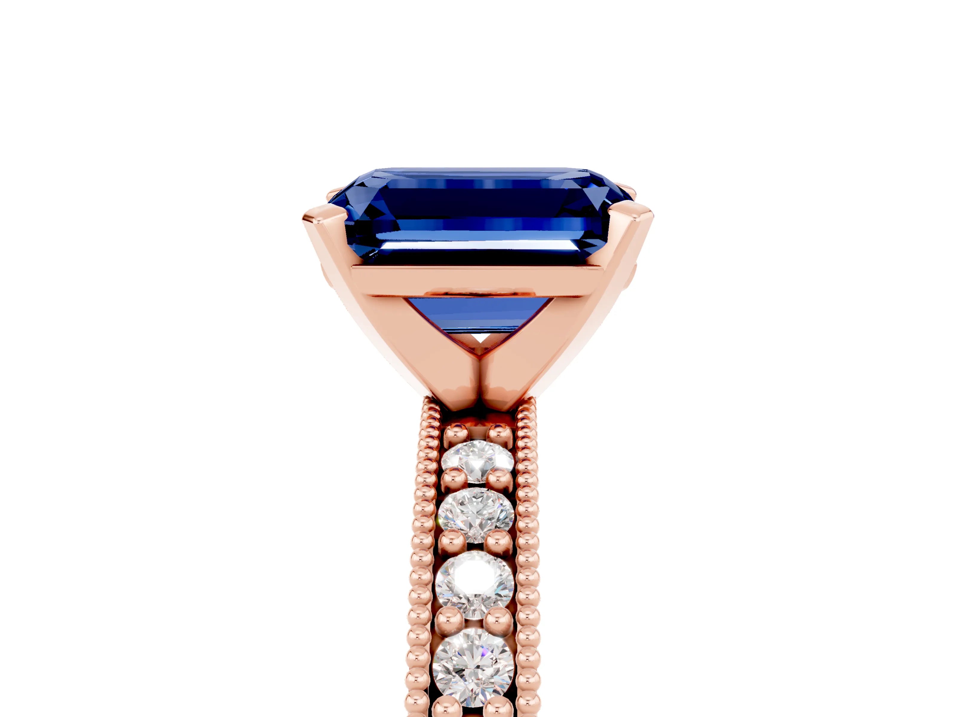 Rose gold Emerald Cut Blue Sapphire Milgrain Pavé Engagement Ring with Four-Prong Setting_17