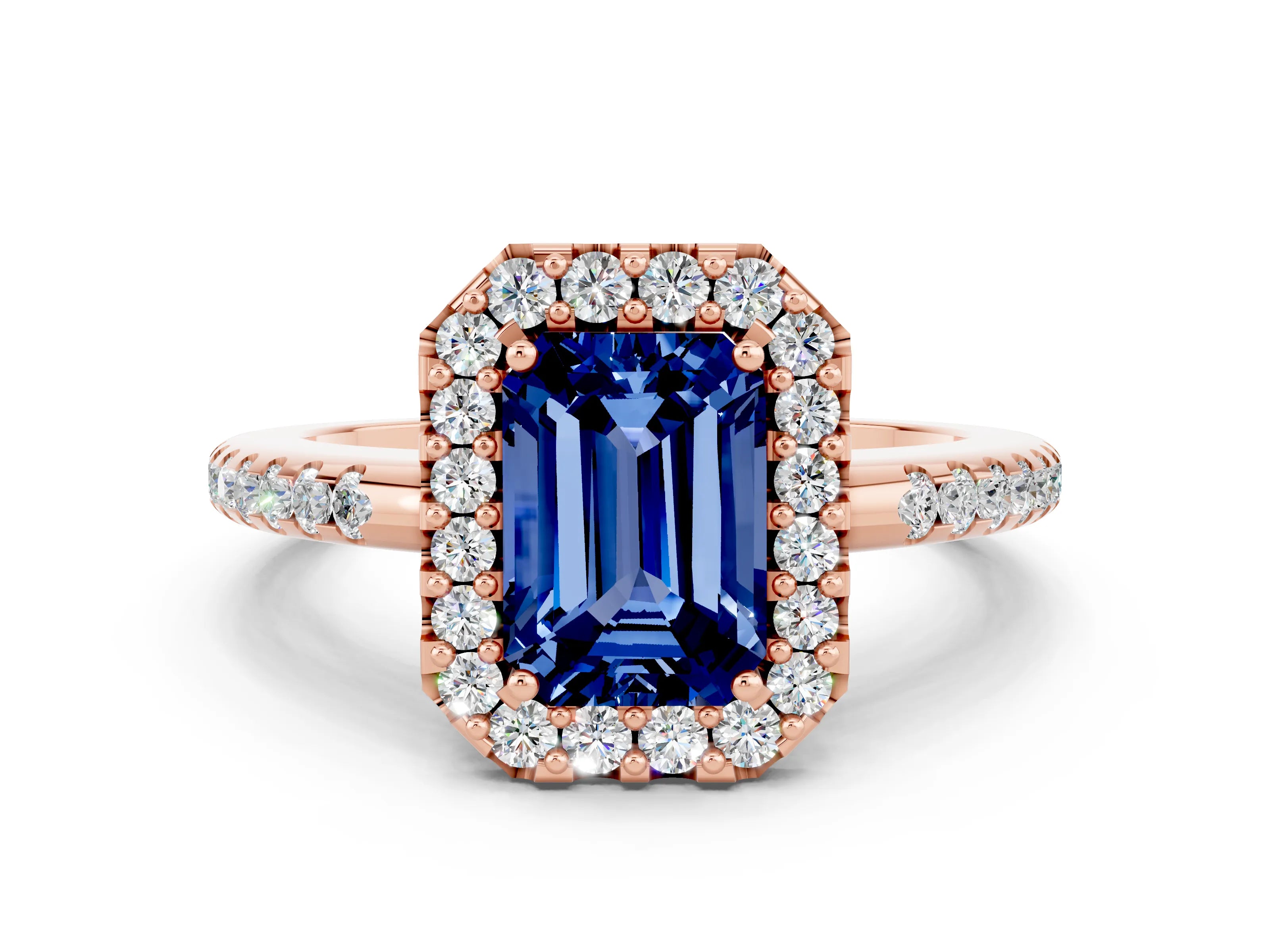 Rose gold Emerald Cut Blue Sapphire Pavé Halo Ring with Four-Prong Setting_12
