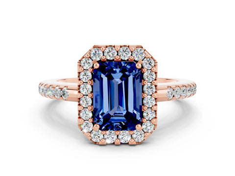 Rose gold Emerald Cut Blue Sapphire Pavé Halo Ring with Four-Prong Setting_12