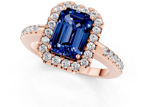 Rose gold Emerald Cut Blue Sapphire Pavé Halo Ring with Four-Prong Setting_13