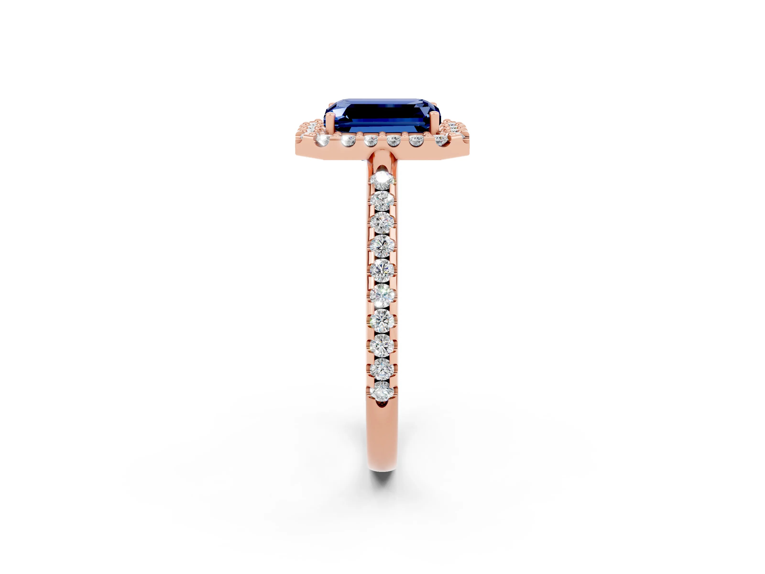 Rose gold Emerald Cut Blue Sapphire Pavé Halo Ring with Four-Prong Setting_14