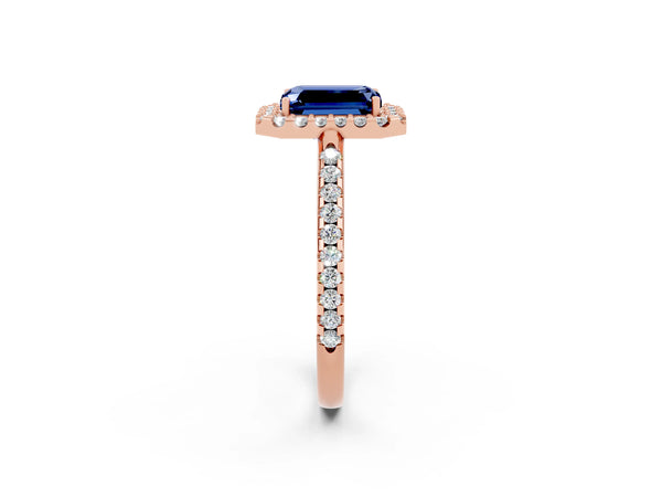 Rose gold Emerald Cut Blue Sapphire Pavé Halo Ring with Four-Prong Setting