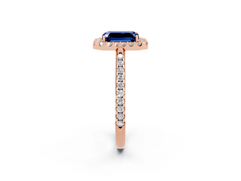 Rose gold Emerald Cut Blue Sapphire Pavé Halo Ring with Four-Prong Setting_14