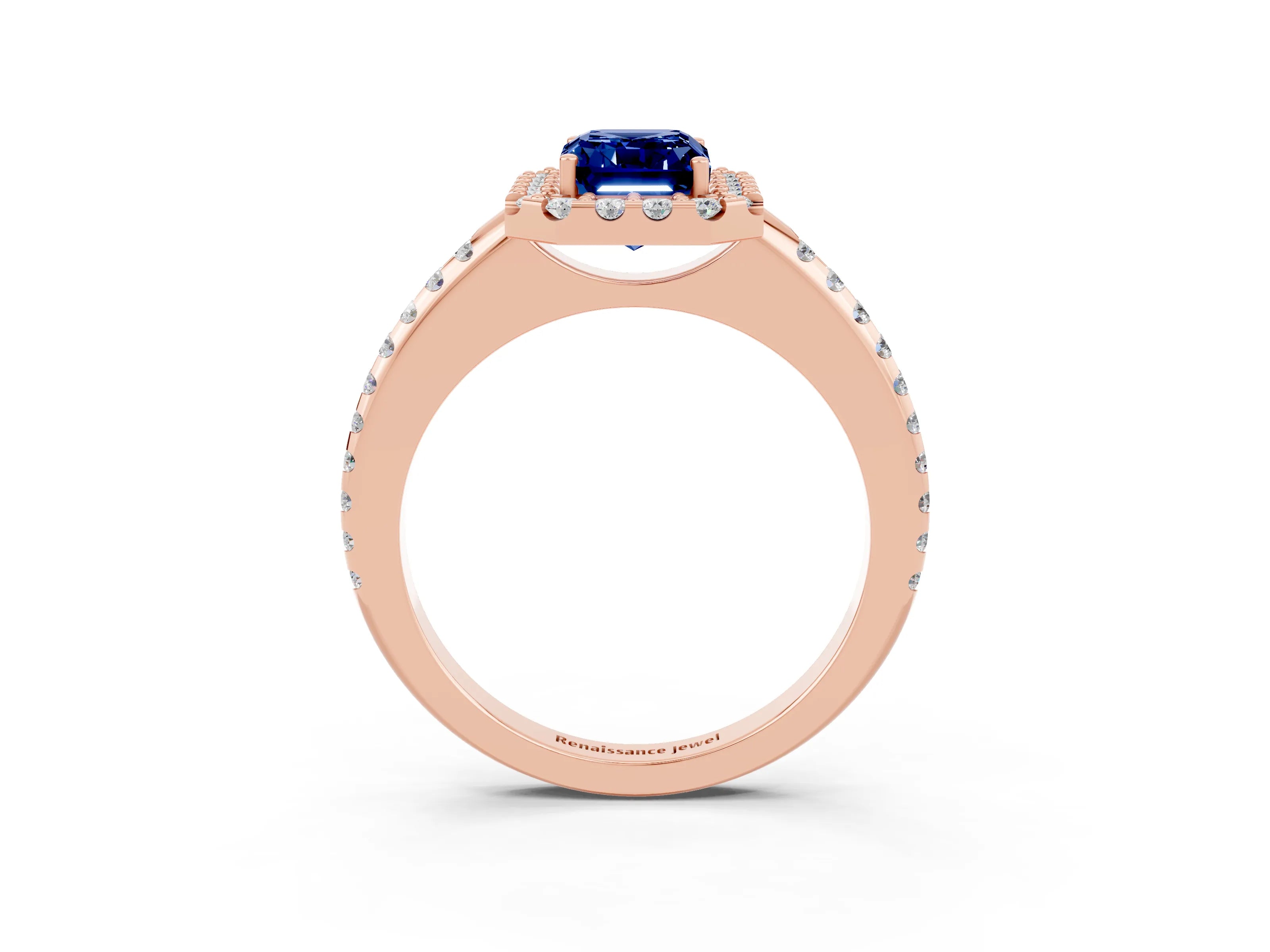 Rose gold Emerald Cut Blue Sapphire Pavé Halo Ring with Four-Prong Setting_15