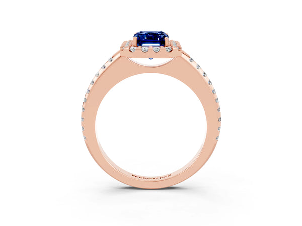 Rose gold Emerald Cut Blue Sapphire Pavé Halo Ring with Four-Prong Setting