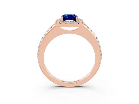 Rose gold Emerald Cut Blue Sapphire Pavé Halo Ring with Four-Prong Setting_15