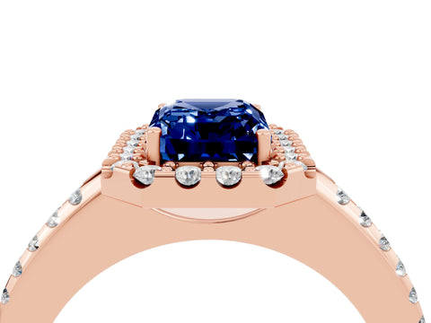 Rose gold Emerald Cut Blue Sapphire Pavé Halo Ring with Four-Prong Setting_16