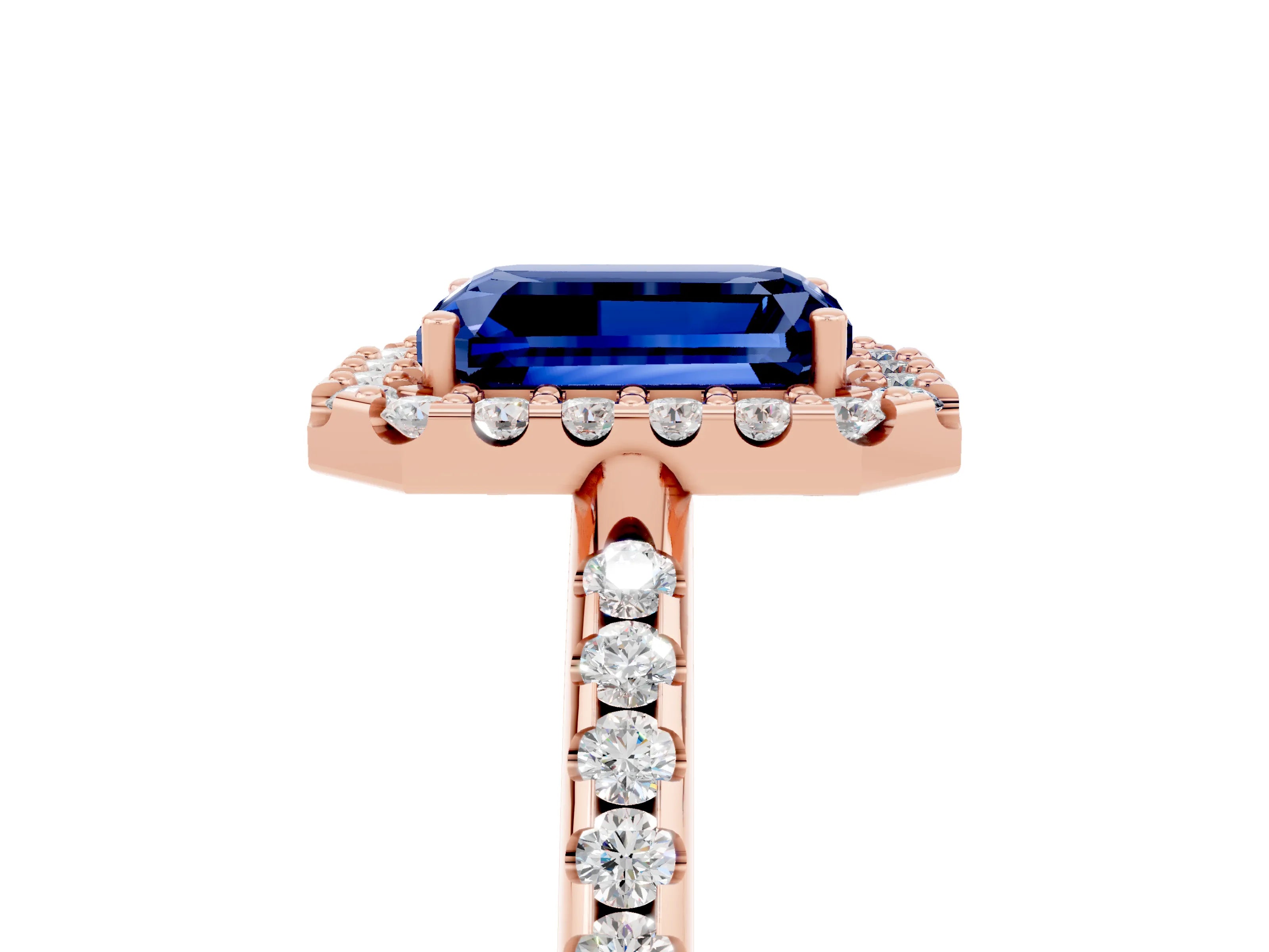 Rose gold Emerald Cut Blue Sapphire Pavé Halo Ring with Four-Prong Setting_17